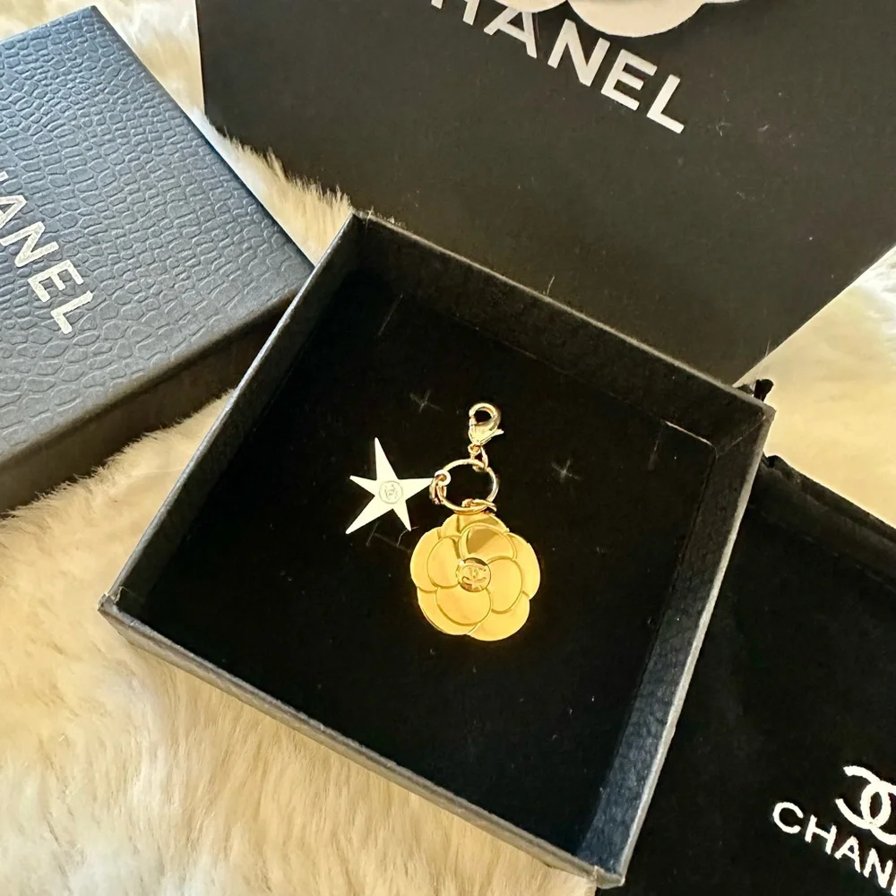 Brand New CHANEL Gold Camellia Flower Charm Includes Jewelry Bag + Box. - Picture 2 of 5